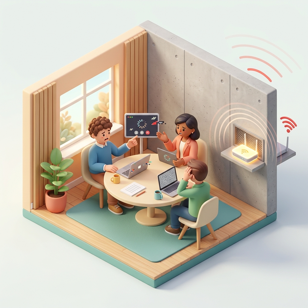 会議室の中でノートパソコンを開き、Wi-Fi電波が弱くて困っている会社員のイラスト